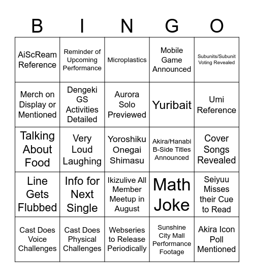 Ikizuraibu Second Nama Bingo Card