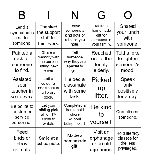 Kindness Begins With You Bingo Card
