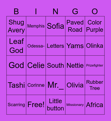 The color purple Bingo Card