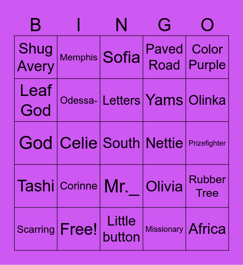 The color purple Bingo Card