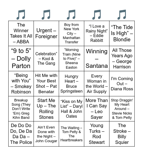 BILLBOARD'S TOP HITS OF 1981 Bingo Card
