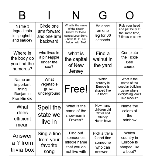 TRIVIA ETC BINGO Card