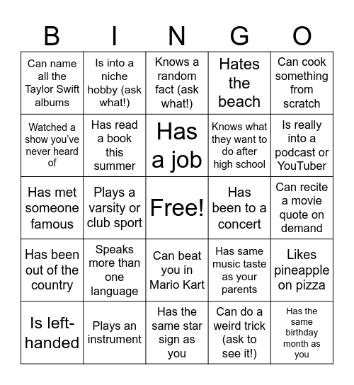 Getting to Know You Bingo Card
