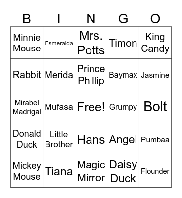 Disney Character Bingo Card