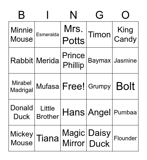 Disney Character Bingo Card
