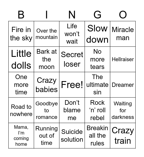 Ozzy Osbourne Bingo Card