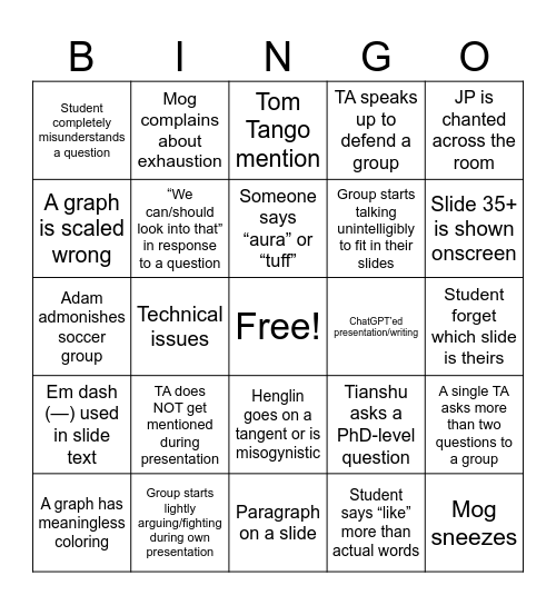 Moneyball Academy Presentations Bingo Card