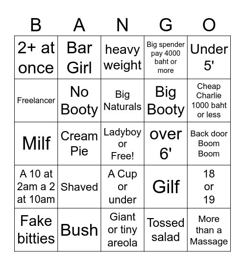 Pervert Bingo Card