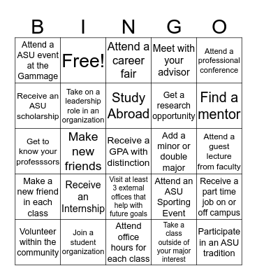 ASU Experience Bingo Card