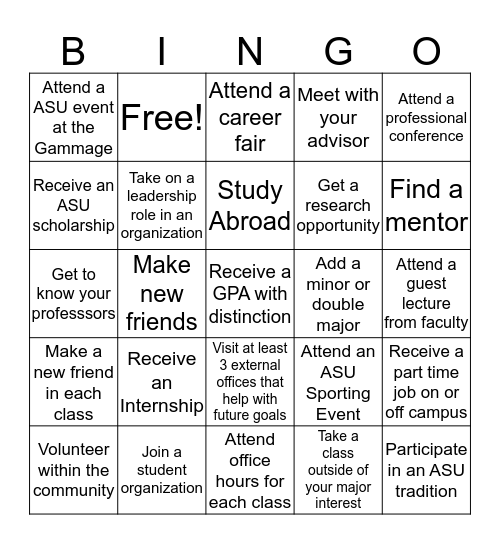 ASU Experience Bingo Card