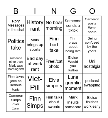 George/Finn chat time Bingo Card
