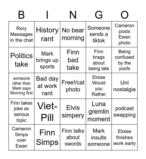 George/Finn chat time Bingo Card