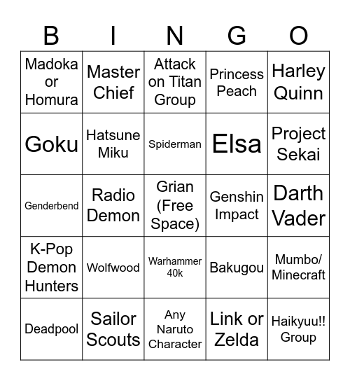 Cosplay Bingo Card