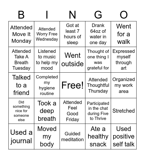 Weekly Wellness Bingo Card