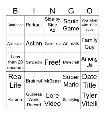 Shorts Bingo Card