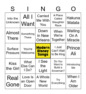 Modern Disney Hits Singo (30 songs) Bingo Card