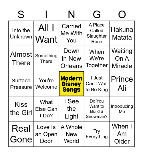 Modern Disney Hits Singo (30 songs) Bingo Card