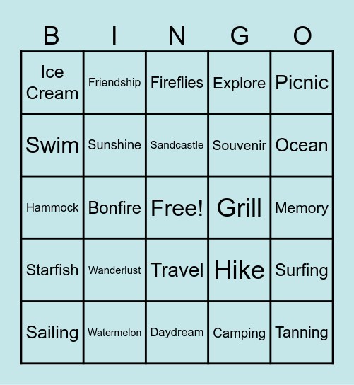 Summer Vacation Bingo Card
