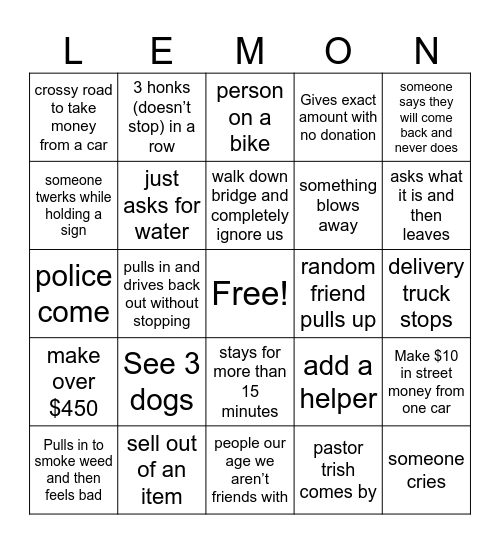 Lemonade bingo Card