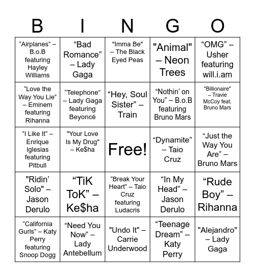 2010 Hits Bingo Card