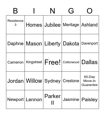 Meritage Home Plans Bingo Card