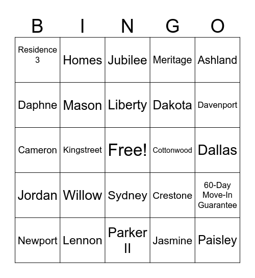Meritage Home Plans Bingo Card