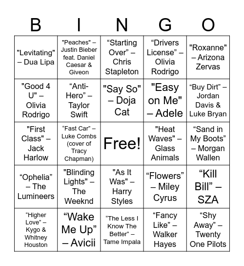 2020 Hits Bingo Card