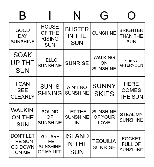 SUNSHINE   BINGO Card