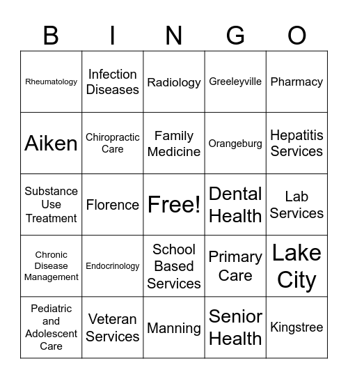 Services and Locations for HopeHealth Bingo Card