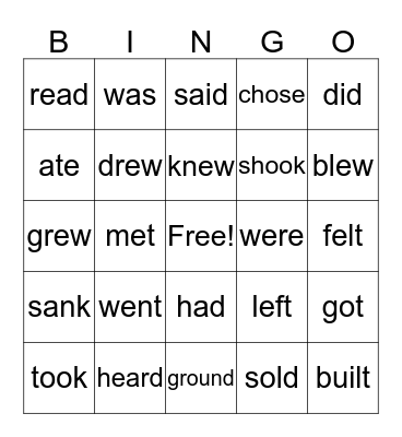 Irregular Past Simple Verbs Bingo Card