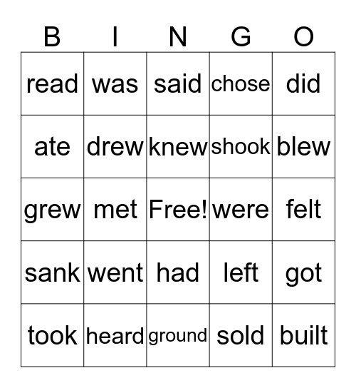 Irregular Past Simple Verbs Bingo Card