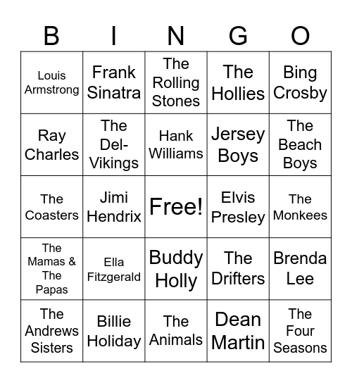 Artists of the 40s, 50s, & 60s Bingo Card