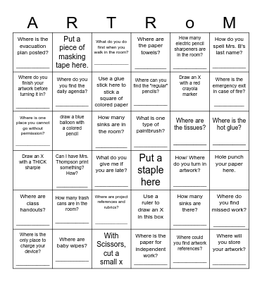 ART ROOM Scavenger Hunt Bingo Card