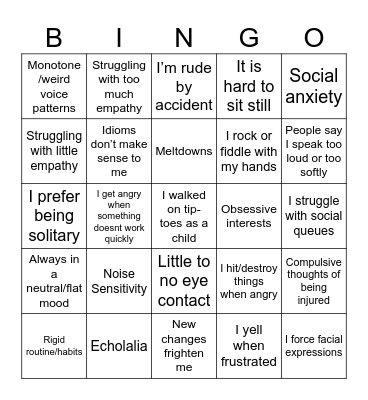 Autism Bingo Card