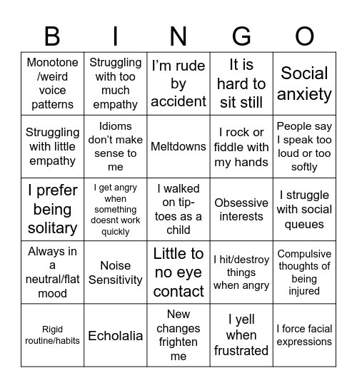 Autism Bingo Card