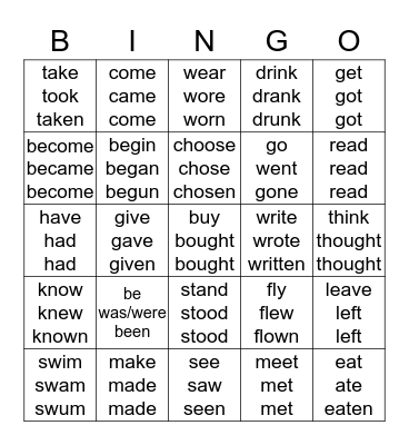 irregulas verbs Bingo Card