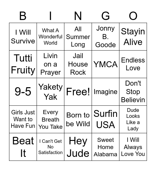20th Century Hits Bingo Card
