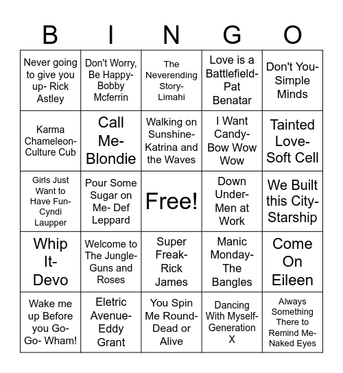 80s Tunes Bingo Card