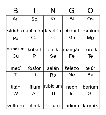 chemické prvky  Bingo Card