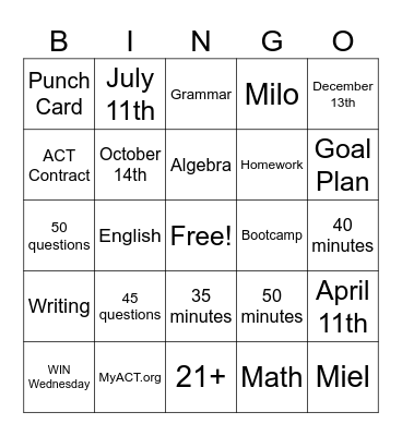 ACT Prep Skills Bingo Card
