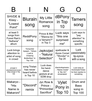 Luck Rock's Top 100 Brony Songs of 2024 Panel Bingo Card
