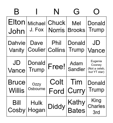 Celebrity Death Bingo Card