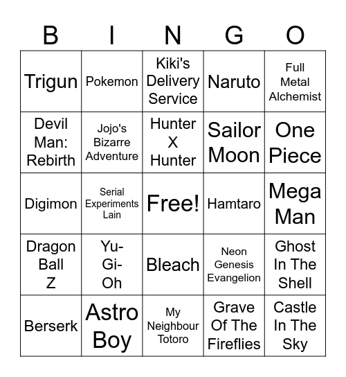 Anime Bingo Card