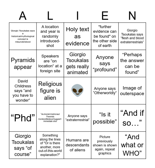 Ancient Aliens Drinking Bingo Card