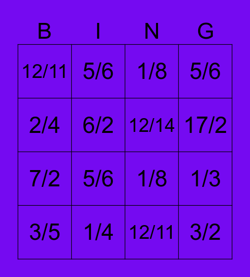 Fractions Bingo Card