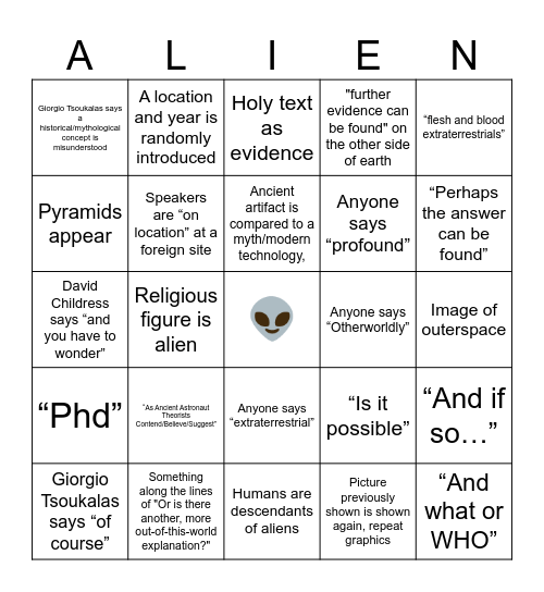 Ancient Aliens Drinking Bingo Card
