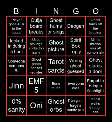 Phasmophobia Bingo Card