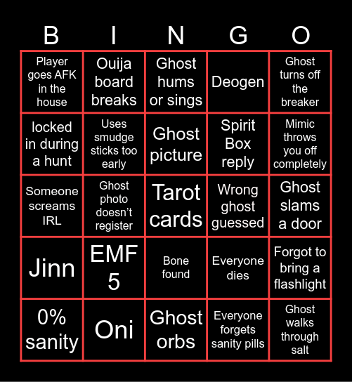 Phasmophobia Bingo Card