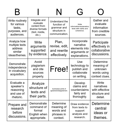 CUrriculum Bingo Card