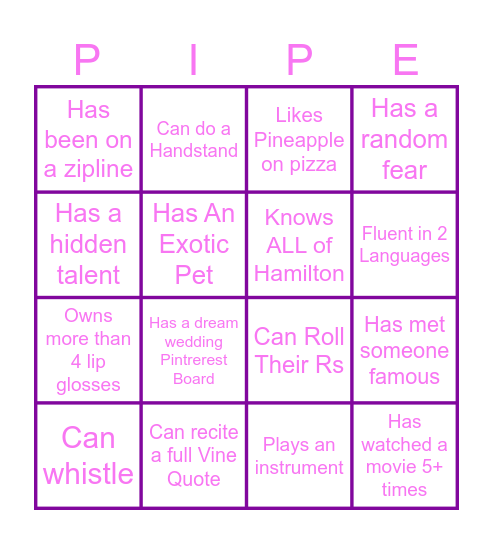 Piper's Sweet 16 Bingo Card